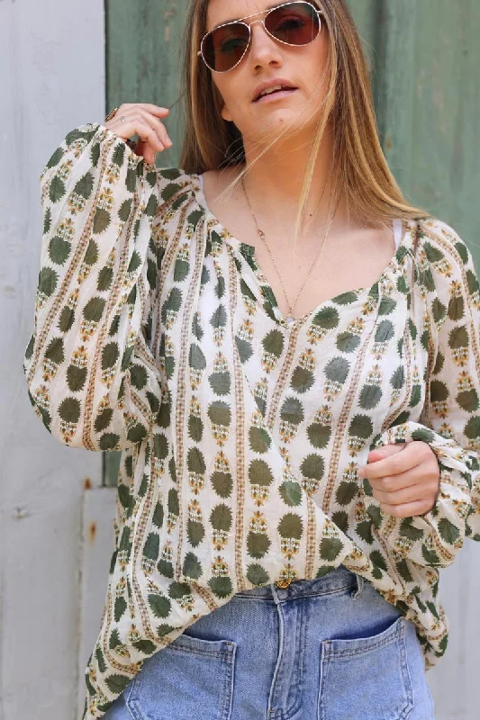Loyalty Reward Blouse légère en coton col v motif fleurs et rayures 3d kaki