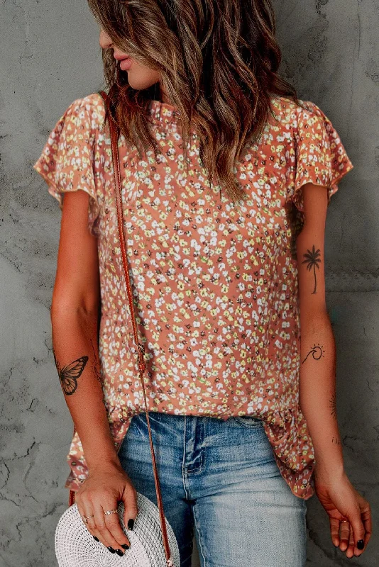 Weekend Steals Await Floral Flutter Sleeve Frill Trim Blouse