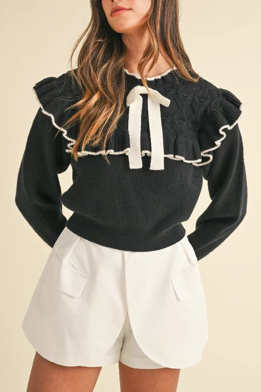 Weekend Bargains to Cherish Bow Tie Ruffle Details Knit Sweater Top