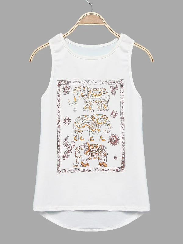 Weekend Bargains to Love Custom Round Neck Printed Sleeveless White Camis