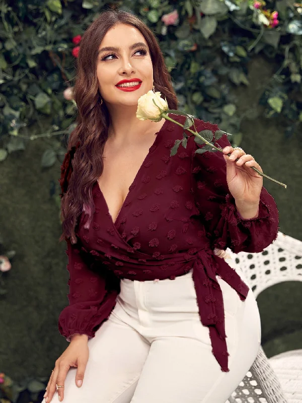 Weekend Deal Plain Tie Front Long Sleeve Deep V Neck Crop Plus Size Blouse