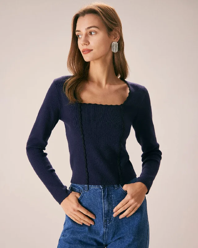 Massive Deals Women's Navy Square Neck Slim Knitted Sweater