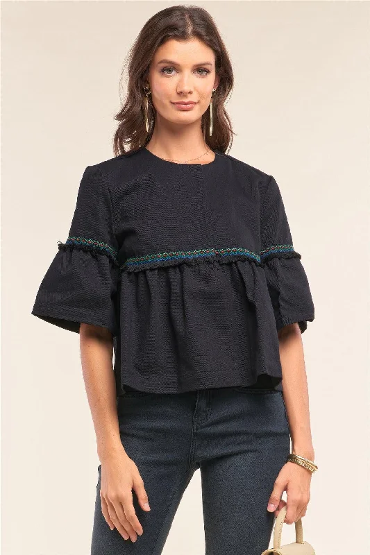 Best Bargains Embroidery Shredded Trim Bell Sleeve Cropped Top