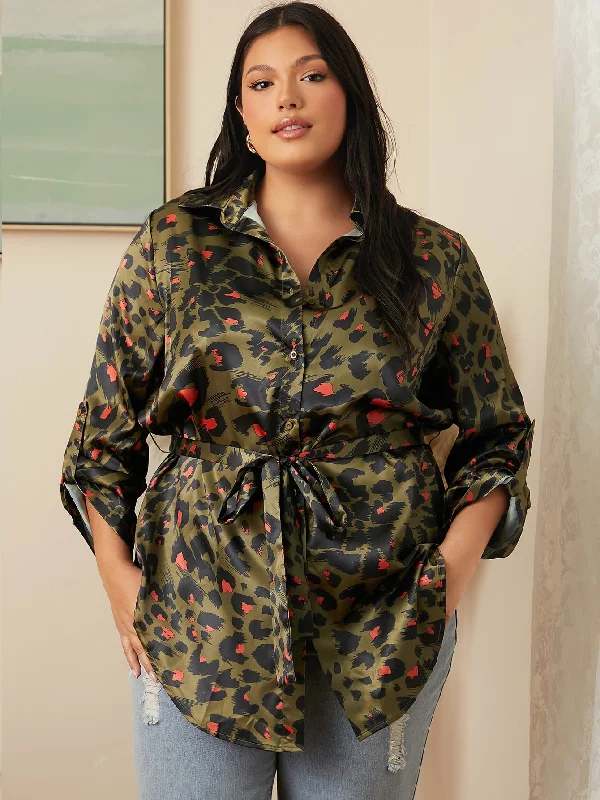 Hurry Up Leopard Button Front Long Sleeve Collar Asymmetrical Long Plus Size Blouse