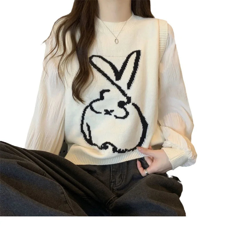 Year-End Sale 2024 Spring and autumn high-quality best-selling crewneck long sleeve loose solid color rabbit jacquard knitted pullover sweater