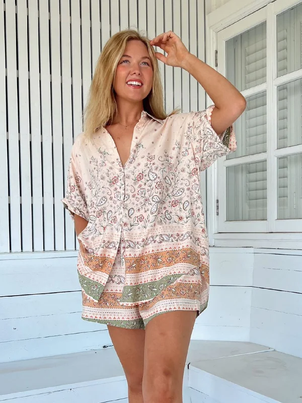 Limited Availability Jaase Lola Shirt Blouse with V Neck Collar Buttoned Front - Mist Flower