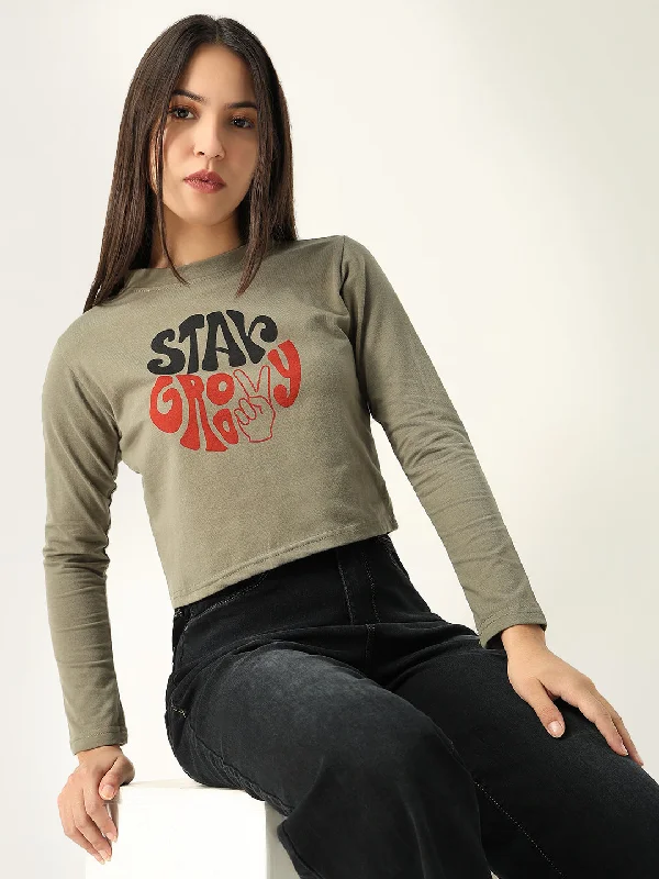 Super Deal Women Graphic Olive Crop T Shirt