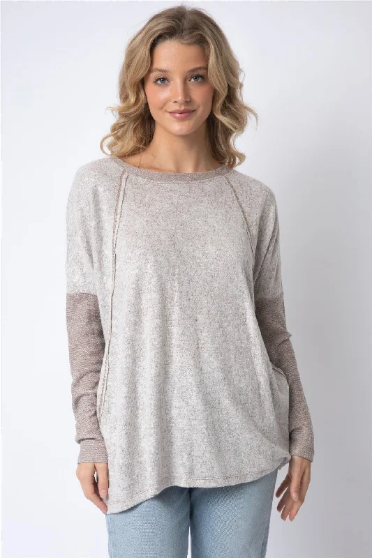 Fantastic Offers Taupe Long Sleeve Round Neck Two Pocket Side Top