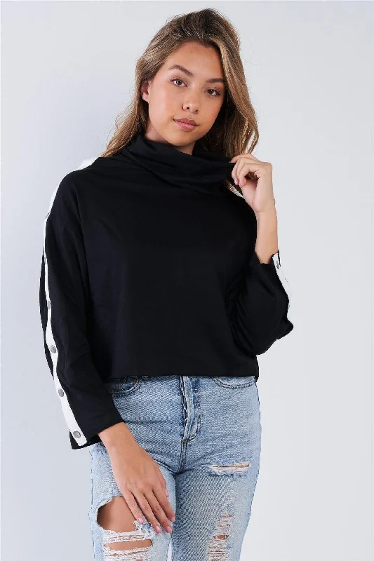 Weekend Discounts to Grab Black Long Sleeve Turtle Neck Shoulder Snap Detail Top