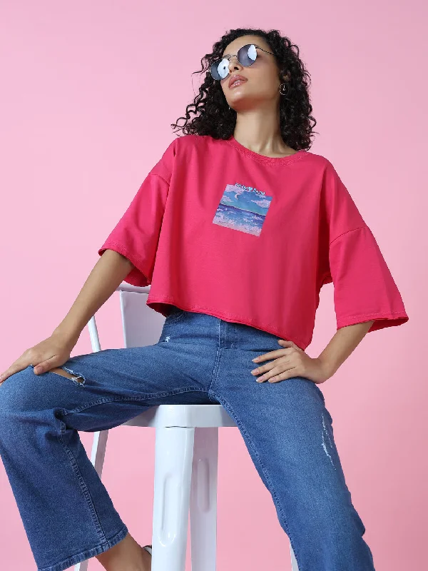 Amazing Deals Women Graphic Mauve Boxy Crop T Shirt