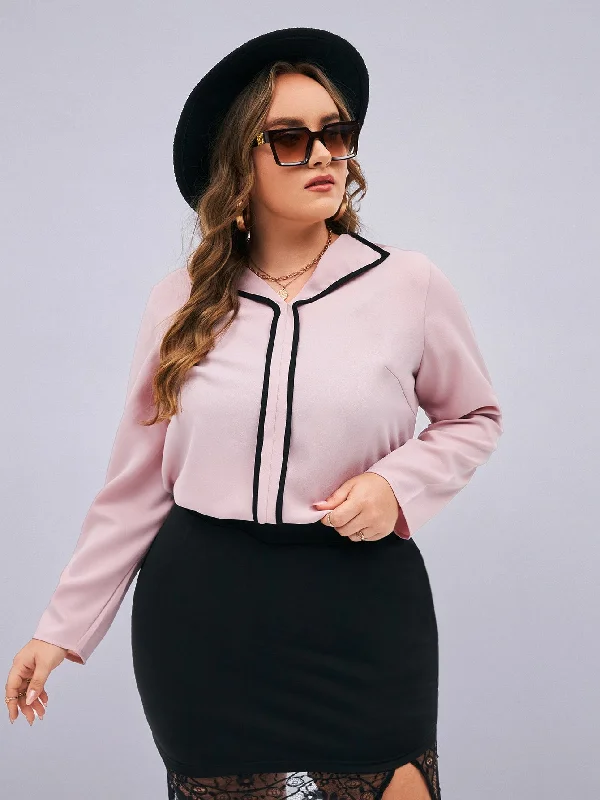 Weekend Extravaganza: Shop Now Plain Contrast Binding Long Sleeve V Neck Regular Plus Size Blouse Weekend Extravaganza: Shop Now Plain Contrast Binding Long Sleeve V Neck Regular Plus Size Blouse