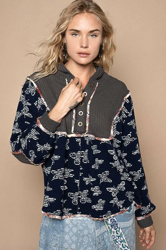 Don't Wait POL Butterfly Waffle-Knit Half Button Hooded Knit Top