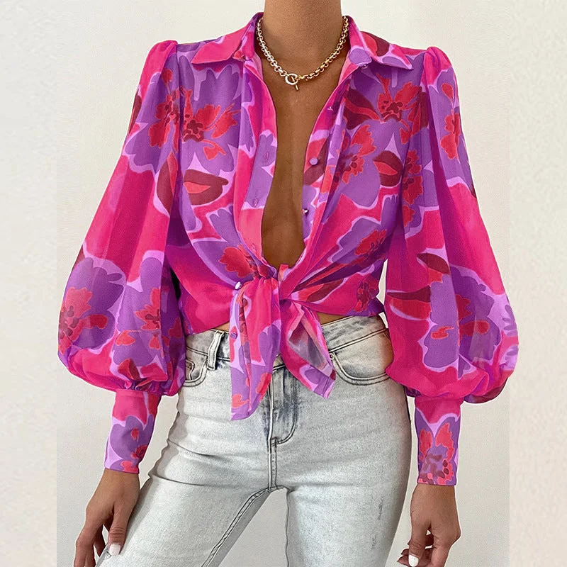 Big Discounts Sexy Lapel Deep V Single-Breasted Bubble Sleeve Print Blouses Wholesale Womens Long Sleeve T Shirts