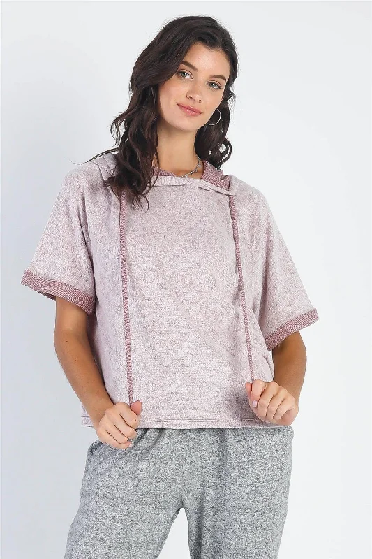 Steals and Deals Burgundy Textured Short Cuff Sleeve Hoodie Sweatshirt /1-1-1