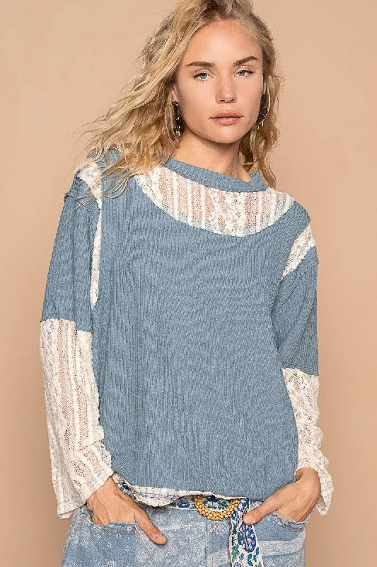 Today’s Special POL Lace Panel Round Neck Long Sleeve Top