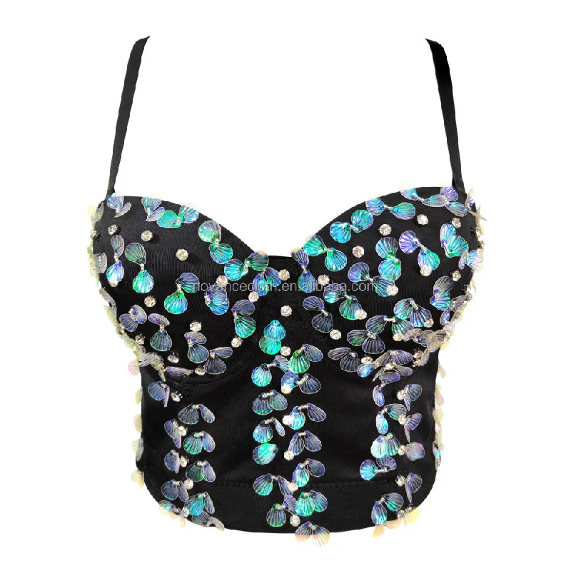 Weekend Savings Spectacle NOVANCE Trending Products Black Shell Sequined Lingerie Wearing Hot Girl Top Rhinestone Beaded Fishbone Corset Top Bra For Women