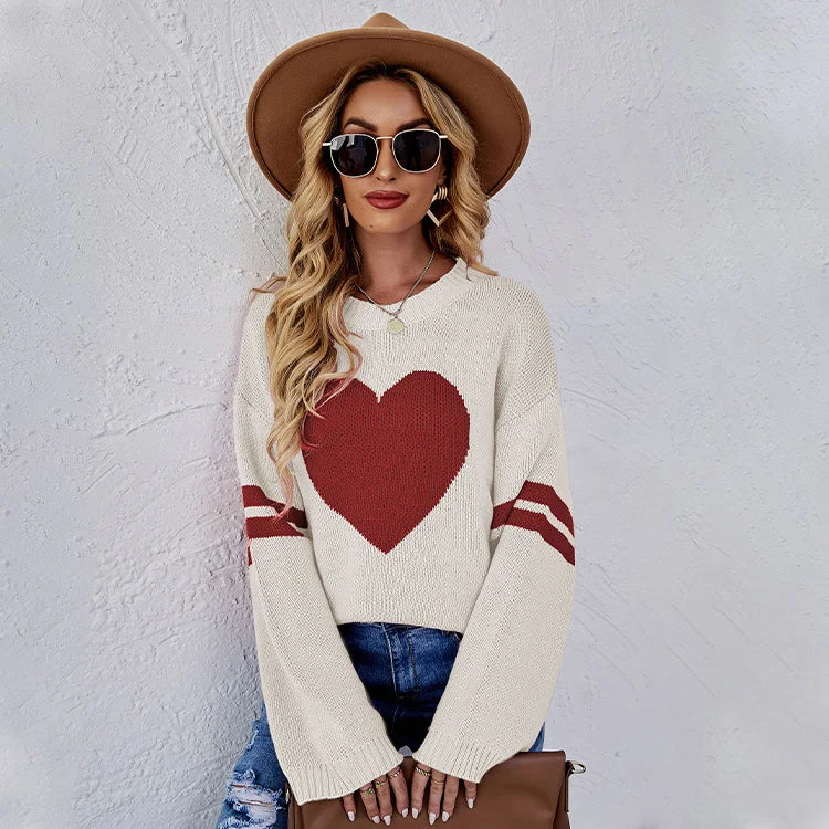 Shop the Weekend Away Loose Round Neck Heart Print Long Sleeve Knit Sweater Wholesale Womens Tops