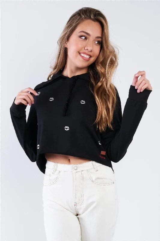 Bargain Alert Black Long Sleeve Metallic Lip Detail Pullover Crop Hoodie Sweatshirt
