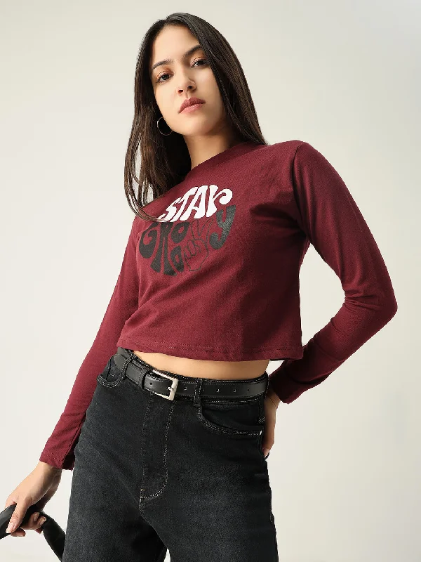 Blowout Deals Women Graphic Burgundy Crop T Shirt