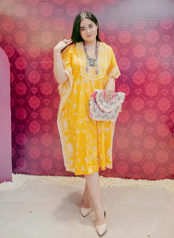 Grand Opening Sale Yellow Cotton Printed Kaftan Kurta with Embroidery