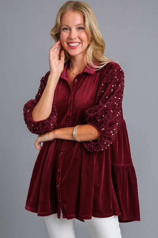 Epic Deals Umgee Sequin Detail Tiered Back Half Sleeve Shirt