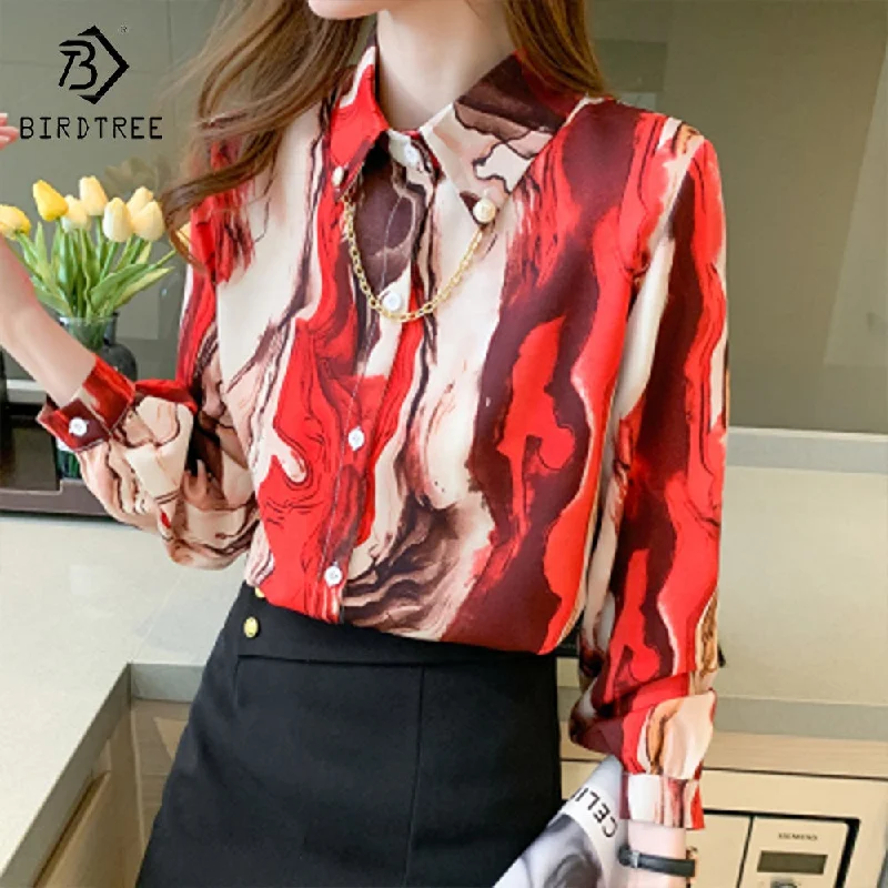 Hot Deal Fashion Ladies Long Lantern Sleeve Printed Shirts Elegant Casual Loose Blouses OL Chiffon Shirt Tops For Spring Autumn