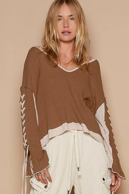 Special Savings POL Lace-Up Sleeve Color Block Ribbed Knit Top