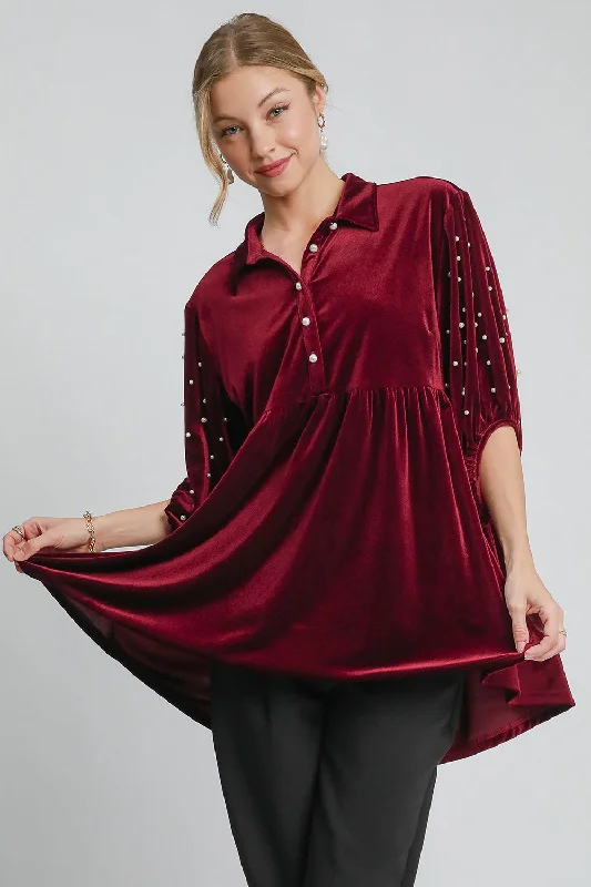 Price Buster Umgee Pearl Detail Collared Neck Velvet Babydoll Blouse