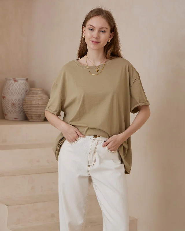 The Best Deal Iris Maxi Tia Basic Oversized T'Shirt with Round Neck Raw Edge - Khaki The Best Deal Iris Maxi Tia Basic Oversized T'Shirt with Round Neck Raw Edge - Khaki