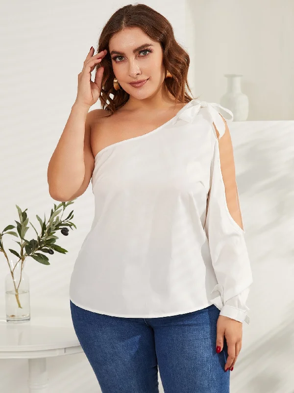 Don’t Miss Out Plain Knot Long Sleeve One Shoulder Semi-Sheer Regular Plus Size Blouse