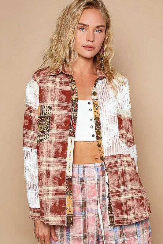 Deal Dash POL Crochet Plaid Patchwork Button Up Shirt