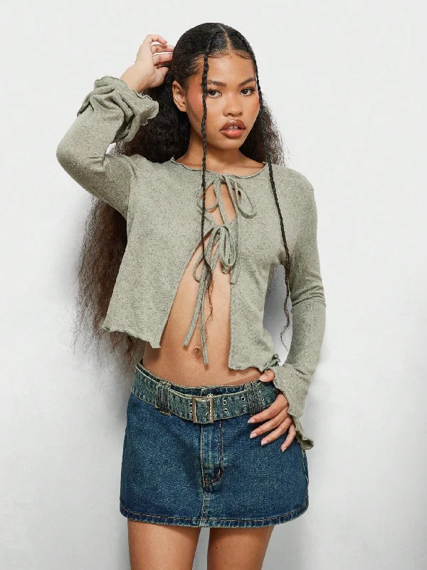 Weekend Discounts to Indulge In SUMWON WOMEN Long Sleeve Raw Edge Double Tie Front Top