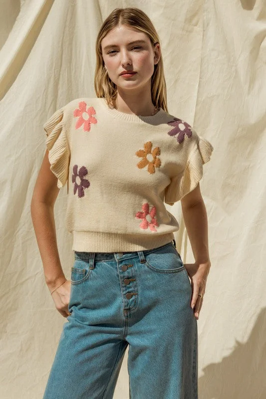 Weekend Steals Await Round Neck Ruffle Sleeve Floral Graphic Knit Top