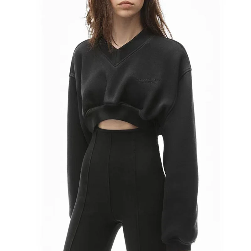 Instant Savings Black sweater women's thin loose loose 2023 spring and autumn all-match high-waisted navel-exposed short long-sleeved top