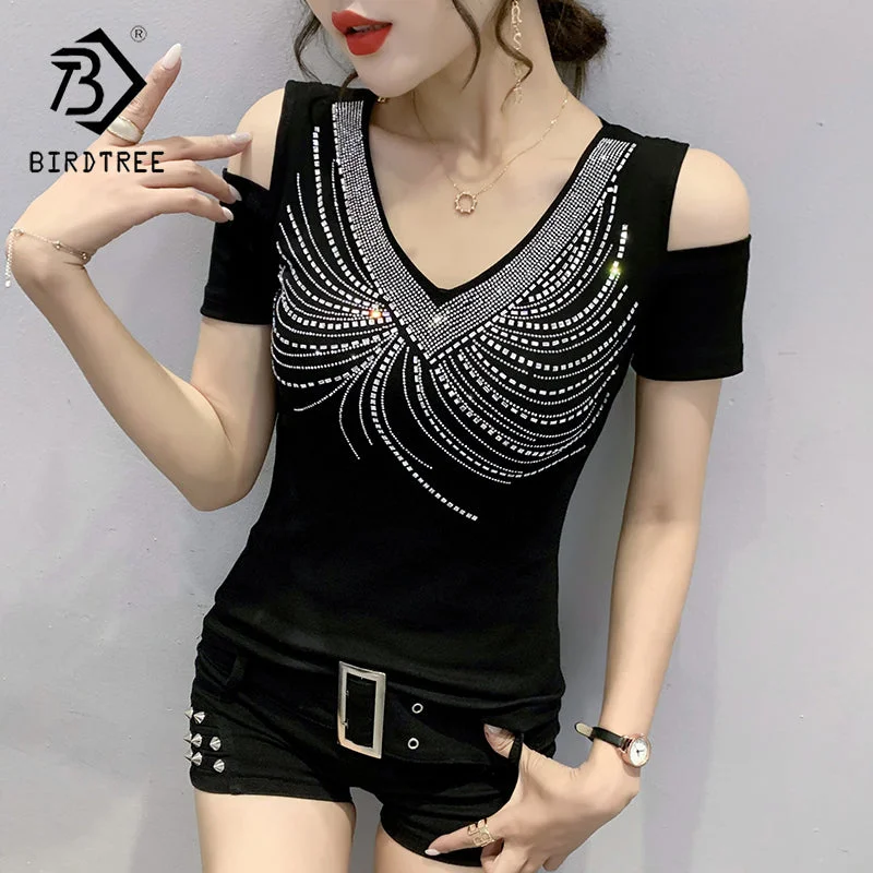 Exclusive Offer Black T-Shirt Women New Handmade Diamonds Beading V-neck Off-shoulder Slim Stretchy Women Tops Tees Short Sleeve Summer T25609
