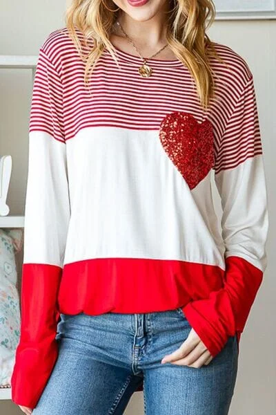 Cash Savings Striped Heart Sequin Long Sleeve T-Shirt