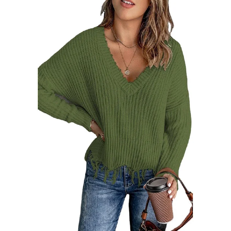 Weekend Specials to Celebrate Loose Solid Color Fringe Hem Long Sleeve Pullover Knit Sweater Wholesale Womens Tops