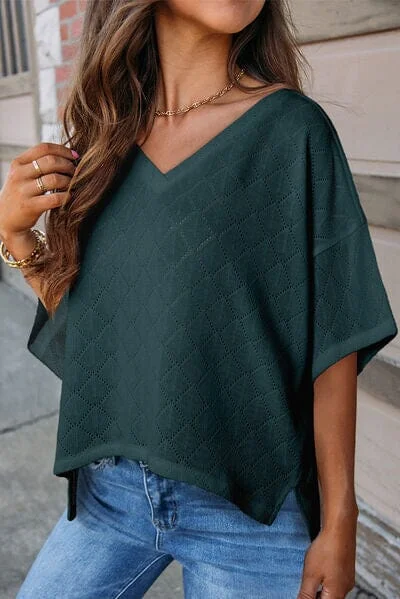 Exclusive Preview Eyelet V-Neck Dropped Shoulder Top