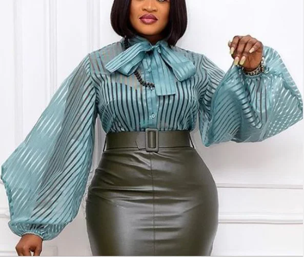 Weekend Bargains Await You Summer Lantern Sleeves See Through Striped Bowtie Women Casual Blouse