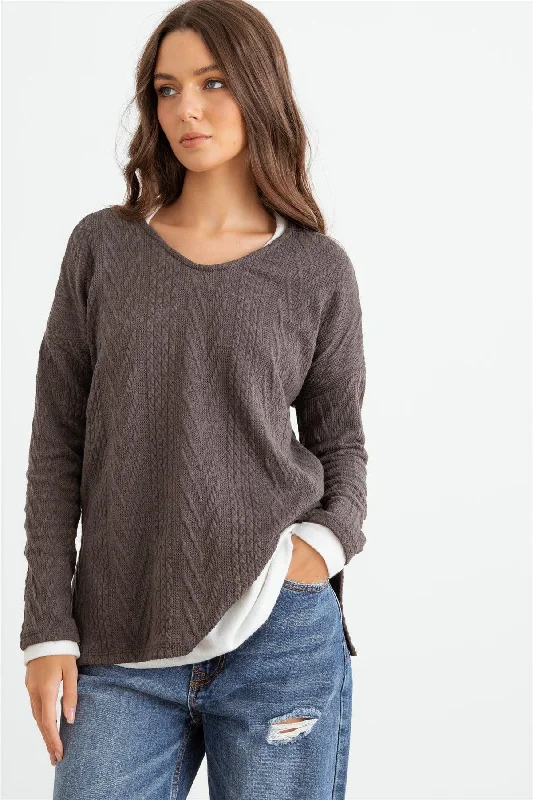 Weekend Savings Sensation Charcoal Knit Round Neck Long Sleeve Top