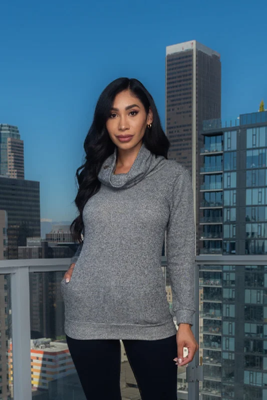 Hot Buy Cowl on Neck Long Sleeve Top w/5 Buttons on Neck and 2 Pockets (FY9005)