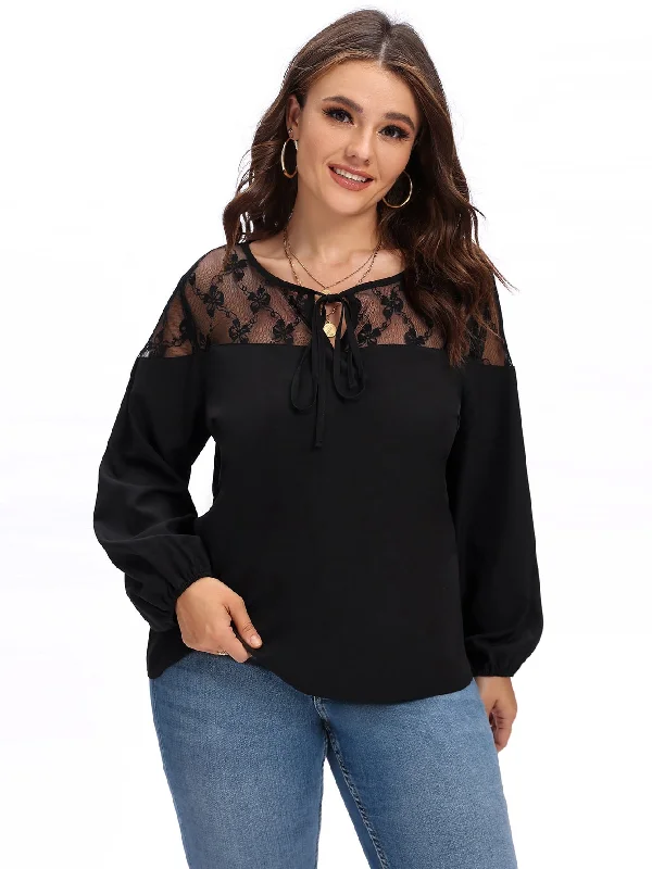 Buy More, Save More Plain Contrast Mesh Long Sleeve Tie Neck Regular Plus Size Blouse