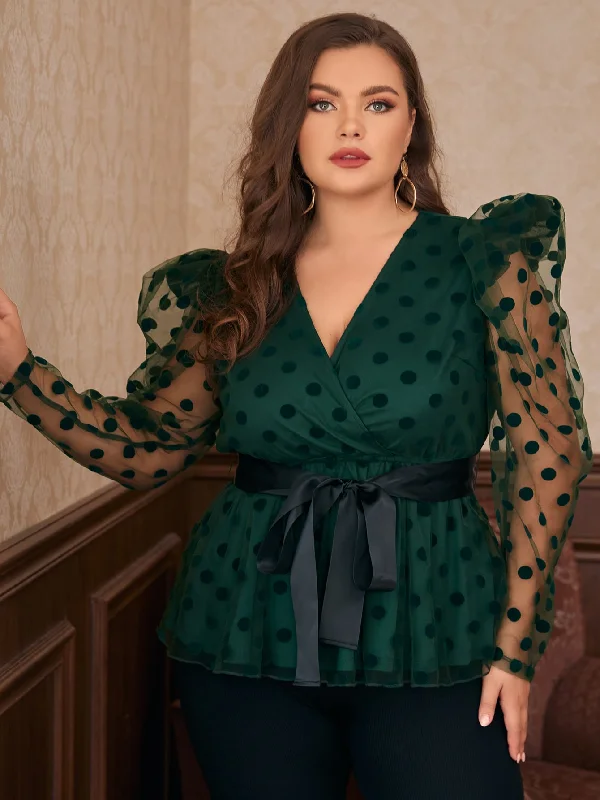 Unmissable Sale Polka Dot Wrap Long Sleeve Deep V Neck Semi-Sheer Flared Regular Plus Size Blouse