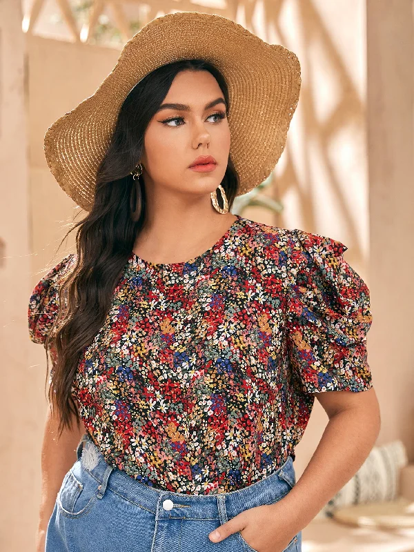 Weekend Deals to Brighten Your Day All Over Print Button Short Sleeve Round Neck Regular Plus Size Blouse