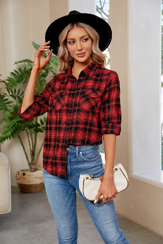 Stock Up Plaid Curved Hem Long Sleeve Plaid Shirt