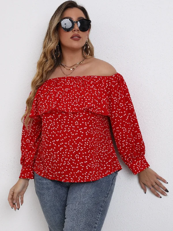 Crazy Savings All Over Print Ruffle Long Sleeve Off The Shoulder Regular Plus Size Blouse