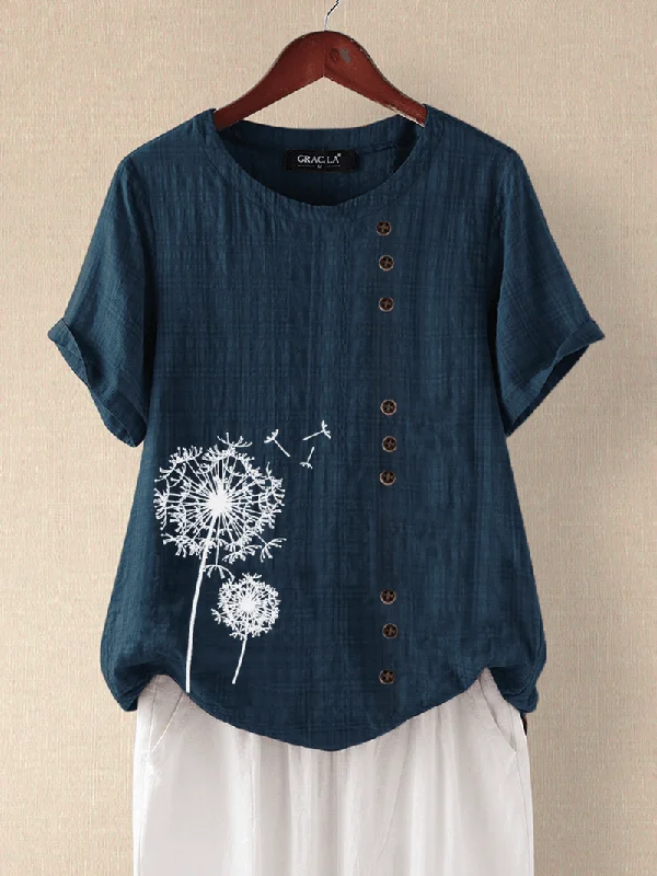 New Arrival Floral Print Plaid Short Sleeve Overhead O-Neck Casual T-Shirt