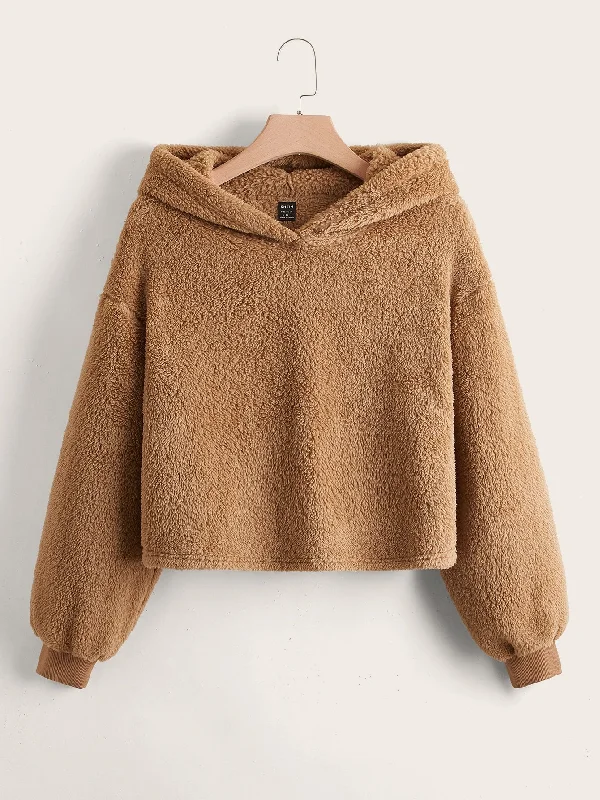 Take Action Casual Plain Long Sleeve Hooded Crop Women Sweatshirt