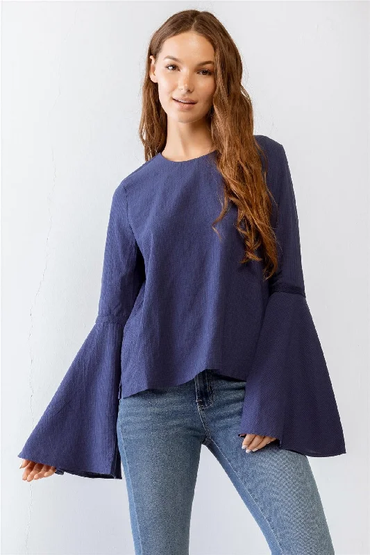 Today Only Navy Cotton Waffle Knit Back Button-Up Bell Long Sleeve Top /1-2-2-1