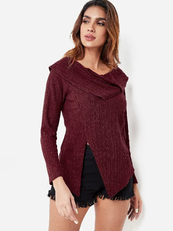 One-DAY Sale Custom High Neck Plain Long Sleeve Slit Hem Burgundy Top